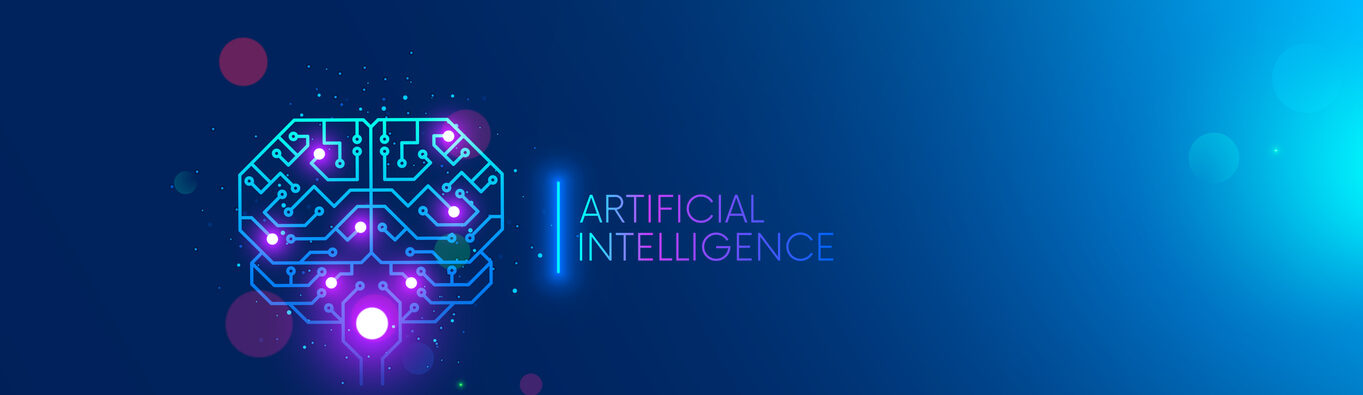 Circuit board in shape electronic brain with gyrus, symbol ai hanging over hand. Symbol of computer neural networks or artificial intelligence in neon cyberspace with glowing title on palm scientist